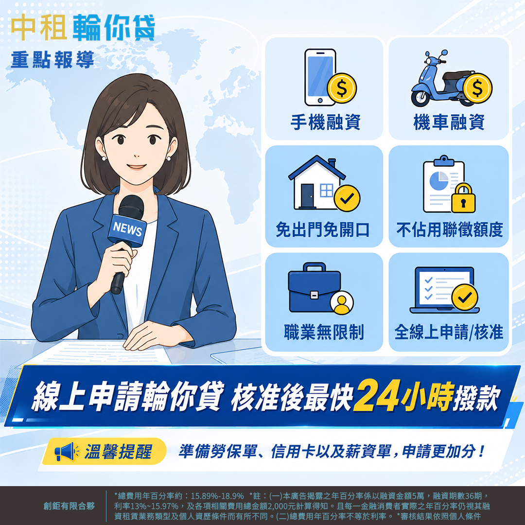 急需申請手機貸款、機車貸款等小額貸款？合法小額融資平台推薦「中租輪你貸」，24小時全線上申請，立即幫你取得資金