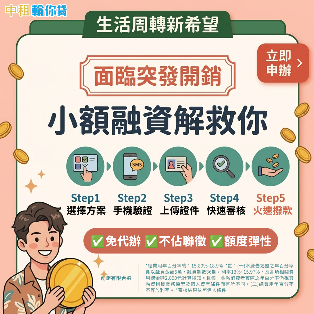 急需手機貸款、機車貸款等小額貸款？合法小額融資平台推薦「中租輪你貸」，24小時全線上申請，立即幫你取得資金