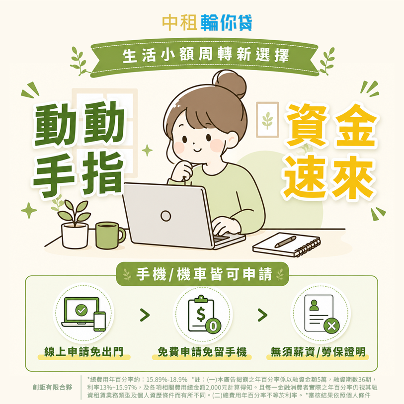 急需申請手機貸款或機車貸款？合法融資平台推薦「中租輪你貸」，24小時全線上申請，立即幫你取得小額資金